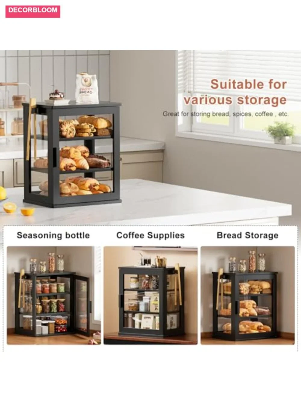 3-Tier Bamboo Bread Box with Transparent Door, Airtight Kitchen Counter Storage